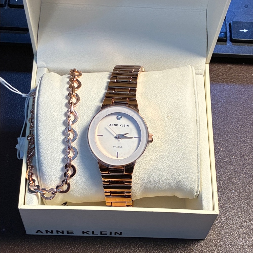 Anne Klein Rose Gold Watch and Chain Set